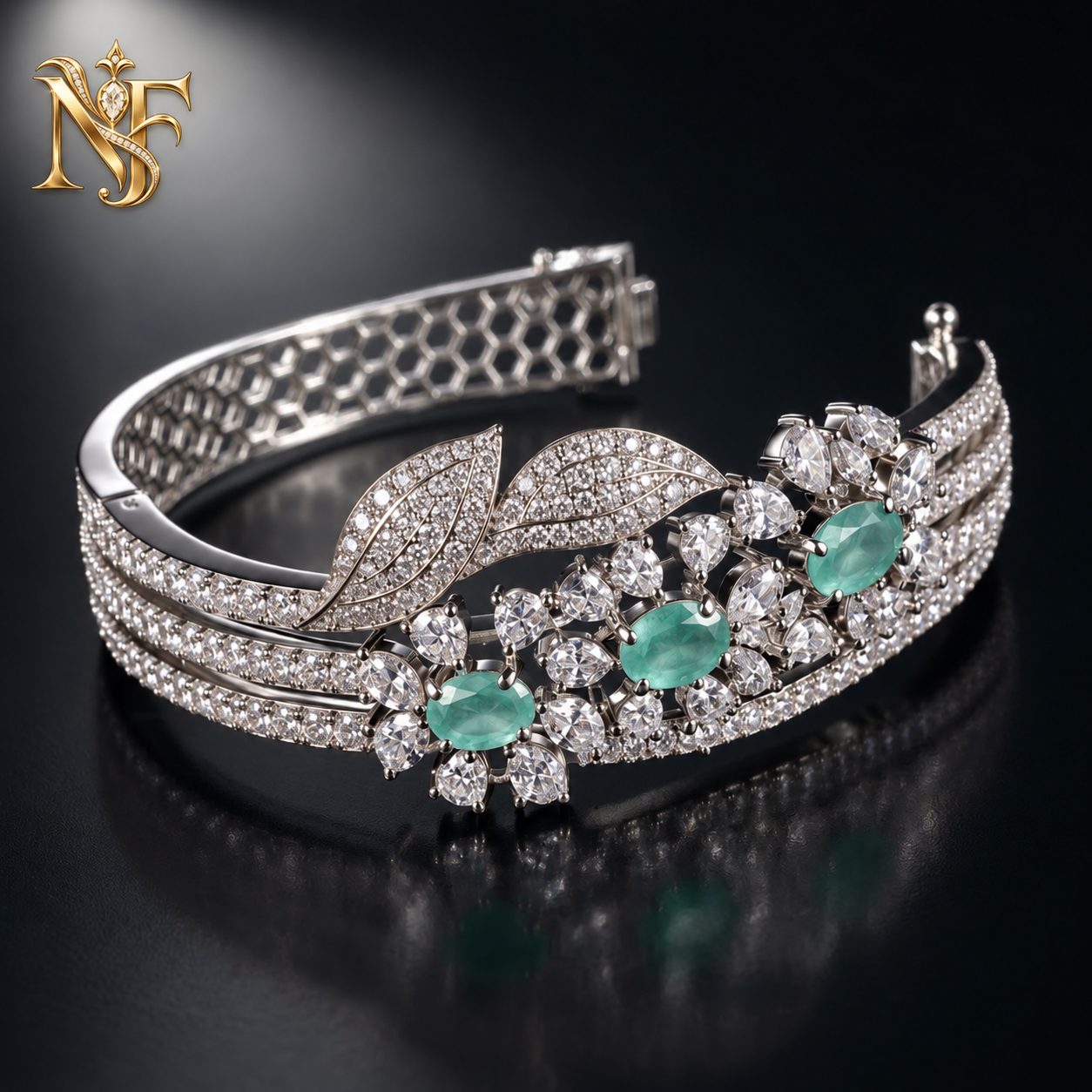 Aquamarine Leaf Bracelet, Silver Tone Floral Jewelry for Women view 2