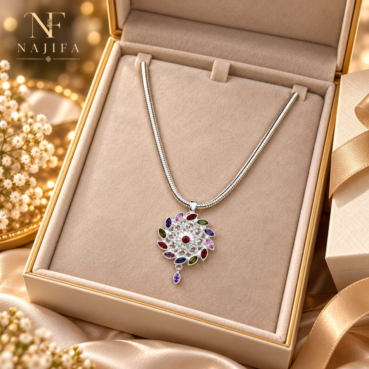 Multicolor Floral Pendant Necklace, Silver Tone Statement Jewelry view 4