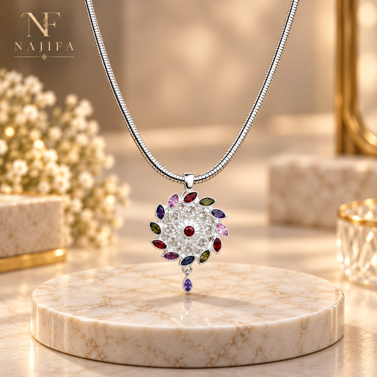 Multicolor Floral Pendant Necklace, Silver Tone Statement Jewelry view 2