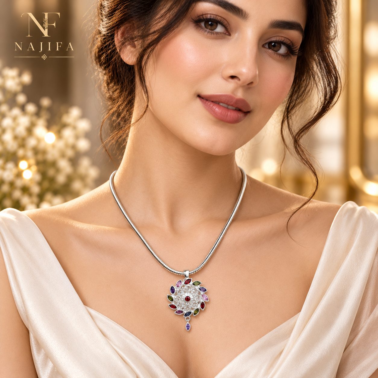 Multicolor Floral Pendant Necklace, Silver Tone Statement Jewelry